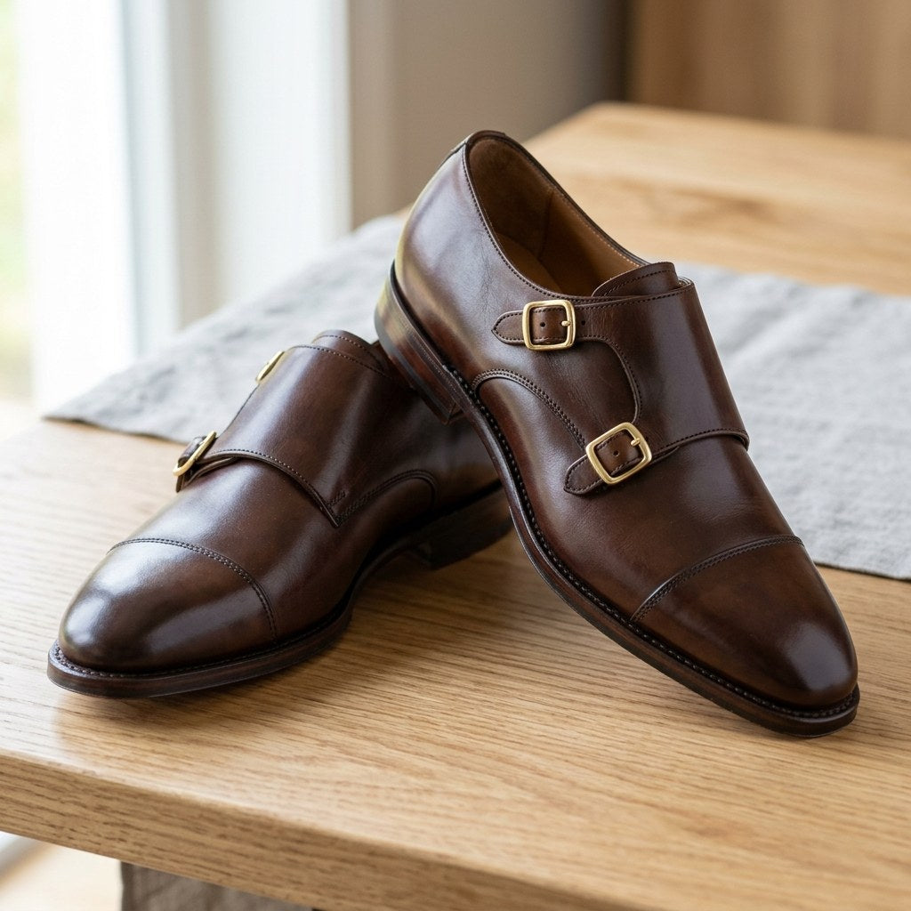 Luxury Edition - Artisian Made Brown Italian Leather Lovere Double Monk Strap Shoes