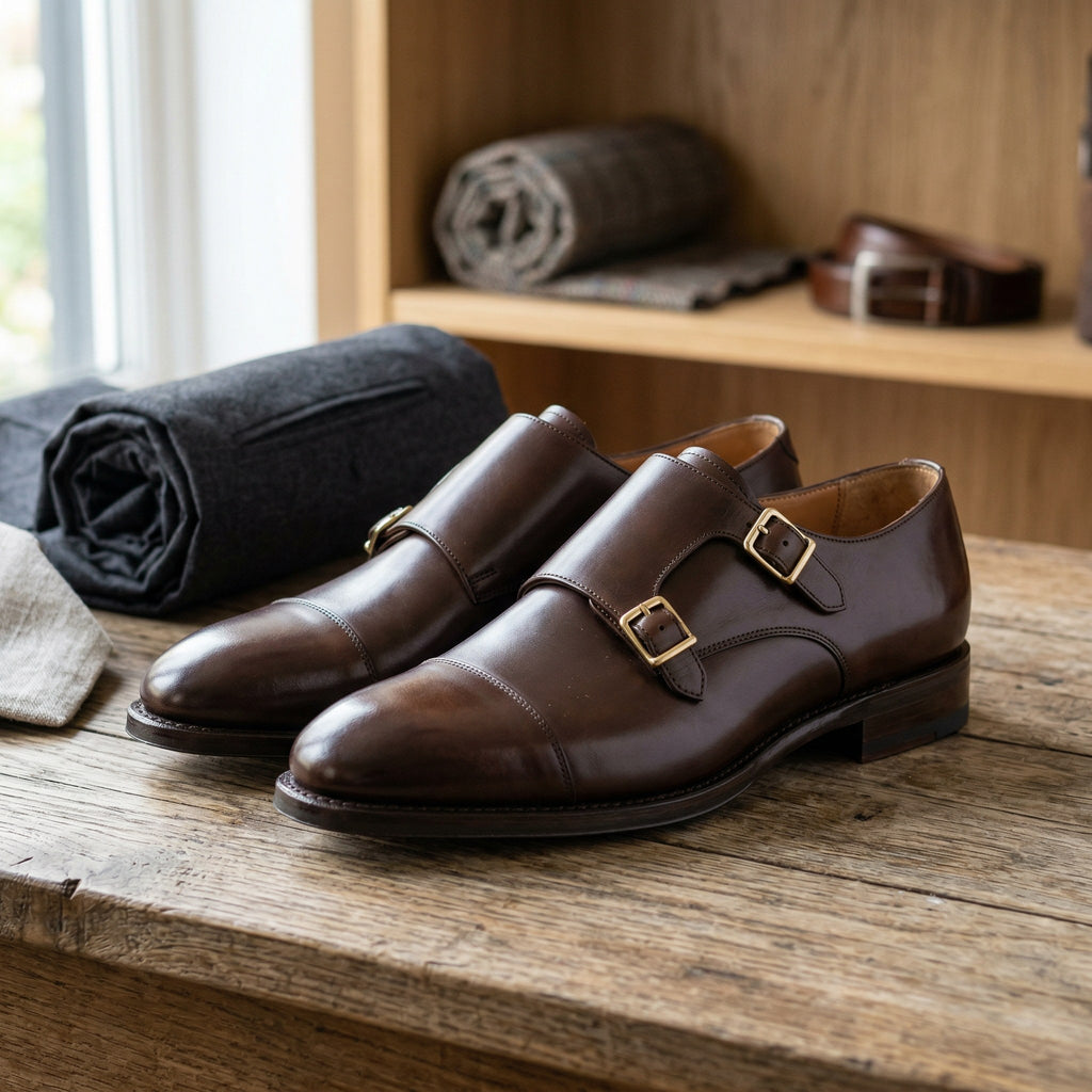 Luxury Edition - Artisian Made Brown Italian Leather Marostica Double Monk Strap Shoes