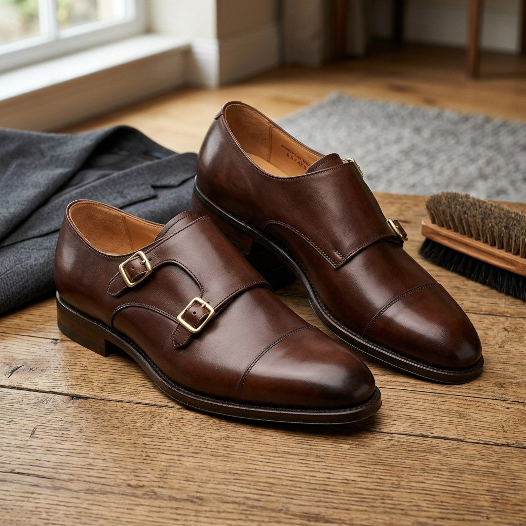 Luxury Edition - Artisian Made Brown Italian Leather Matera Double Monk Strap Shoes