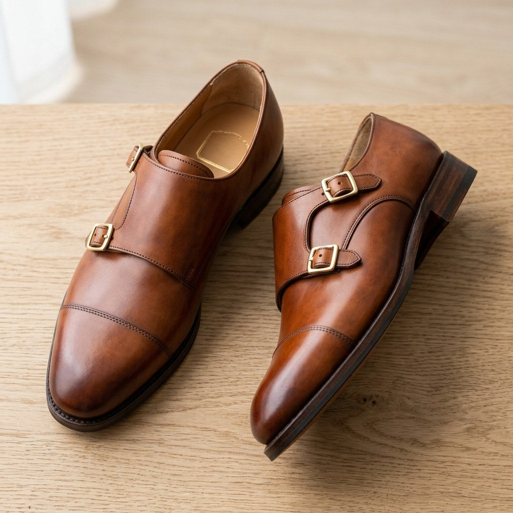 Luxury Edition - Artisian Made Brown Italian Leather Modica Double Monk Strap Shoes