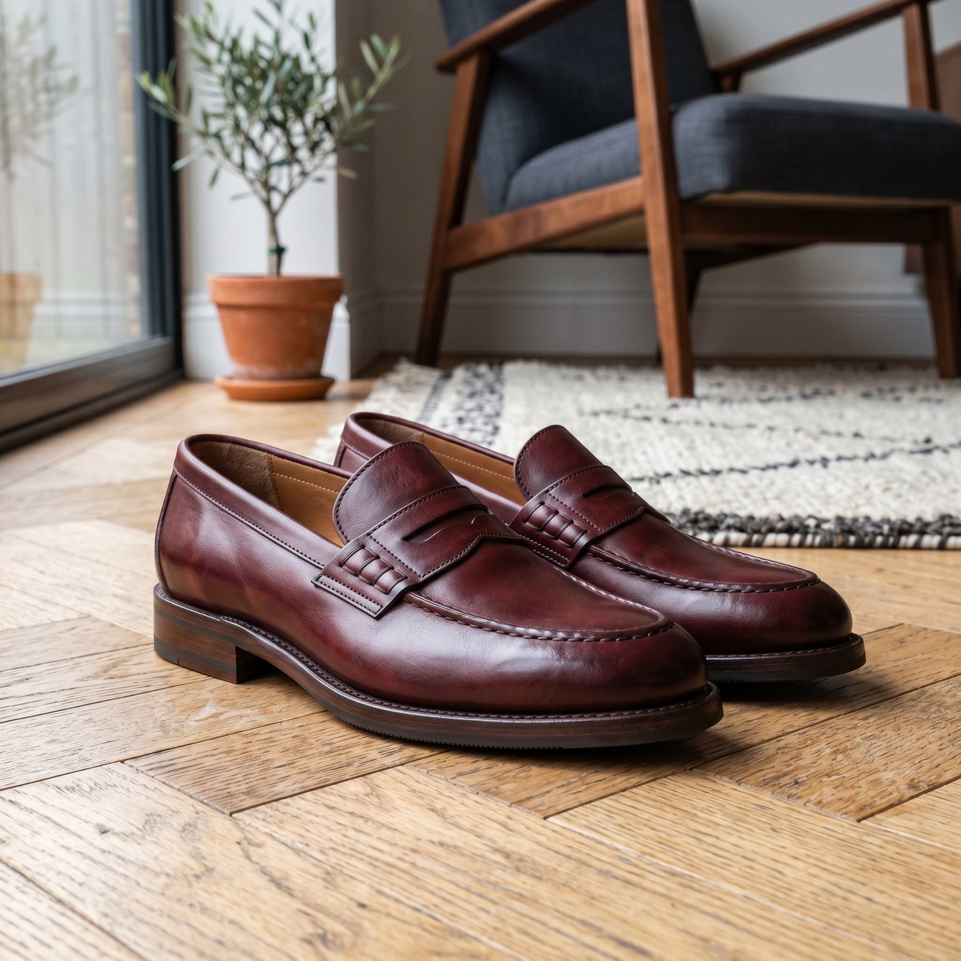 Luxury Edition - Artisian Made Burgundy Italian Leather Riva Penny Loafers