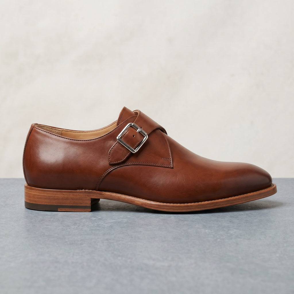 Luxury Edition - Artisian Made Tan Italian Leather Saluzzo Single Monk Strap Shoes