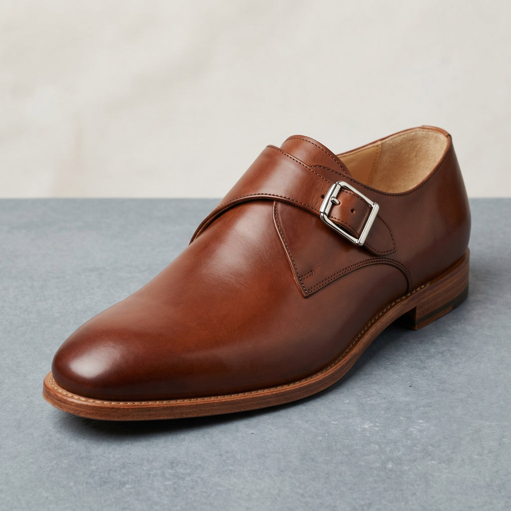 Luxury Edition - Artisian Made Tan Italian Leather Saluzzo Single Monk Strap Shoes