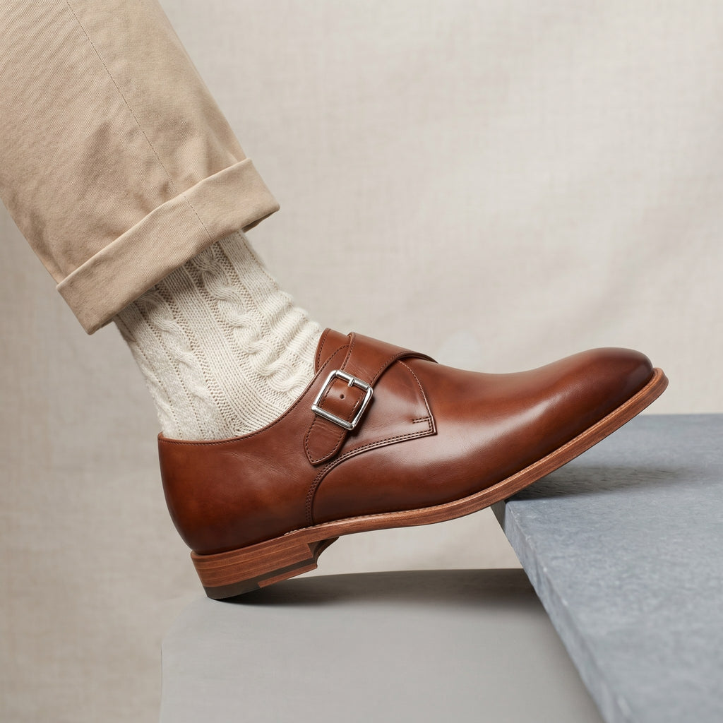 Luxury Edition - Artisian Made Tan Italian Leather Saluzzo Single Monk Strap Shoes