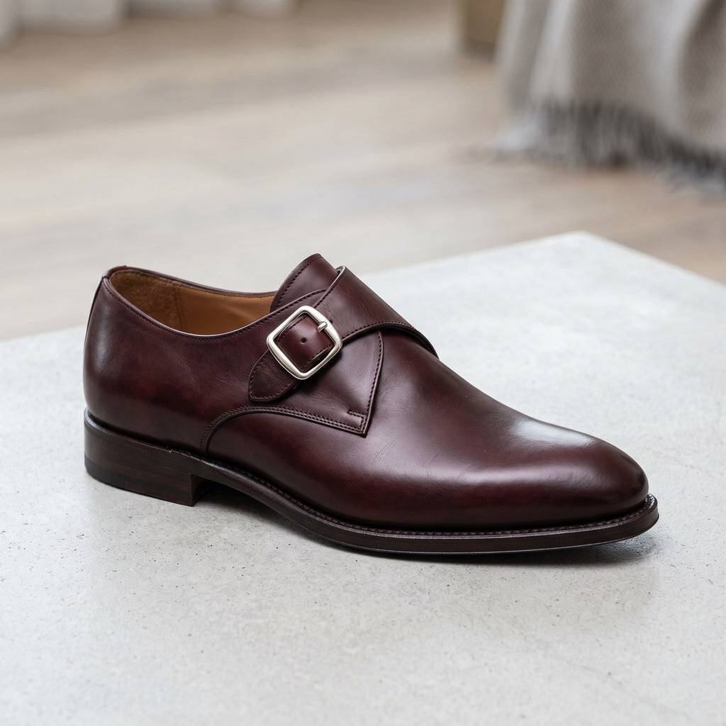 Luxury Edition - Artisian Made Burgundy Italian Leather Sarzana Single Monk Strap Shoes