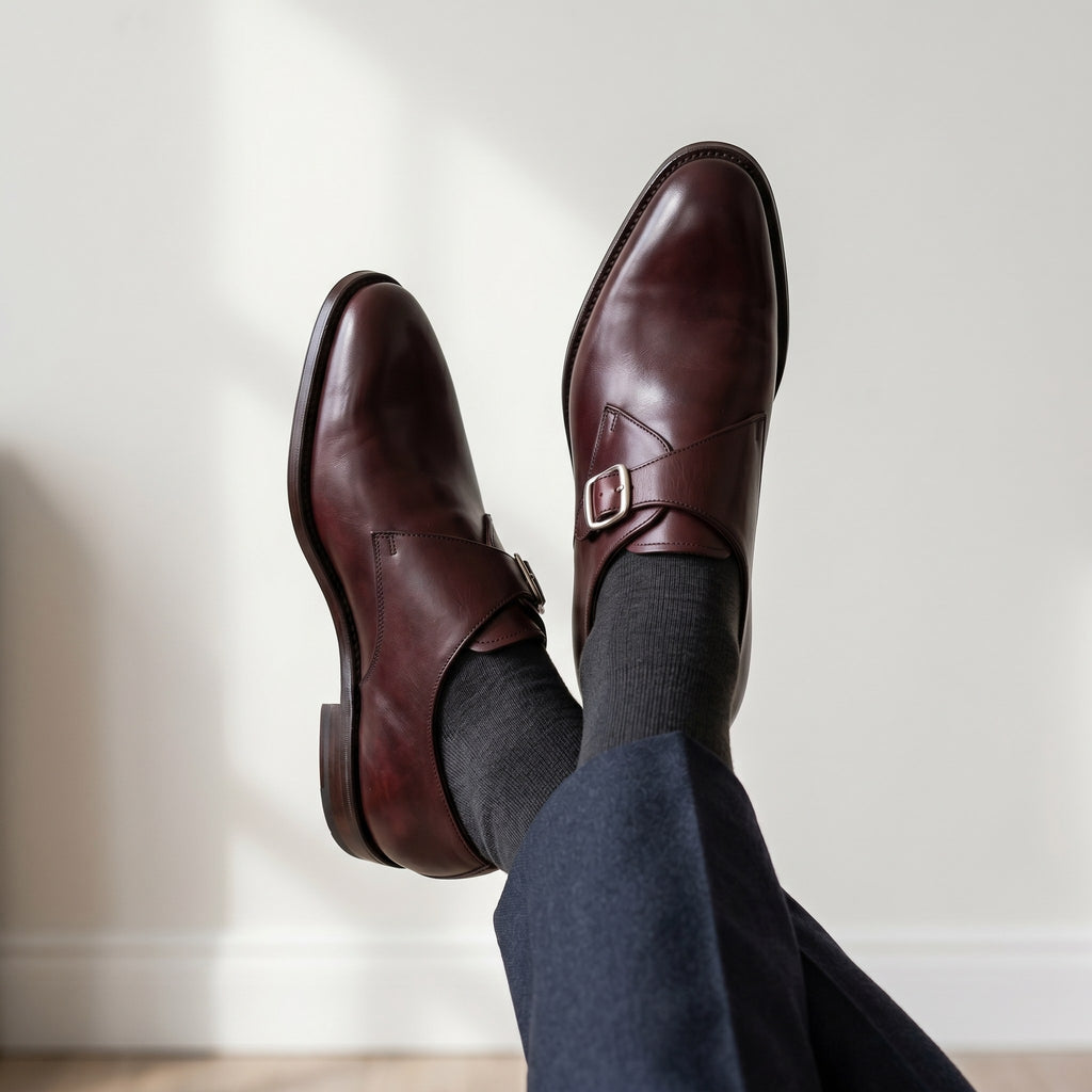 Luxury Edition - Artisian Made Burgundy Italian Leather Sarzana Single Monk Strap Shoes