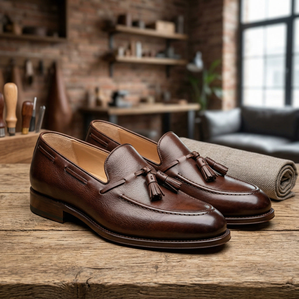Luxury Edition - Artisian Made Brown Italian Leather Sirmione Grained Tassel Loafers