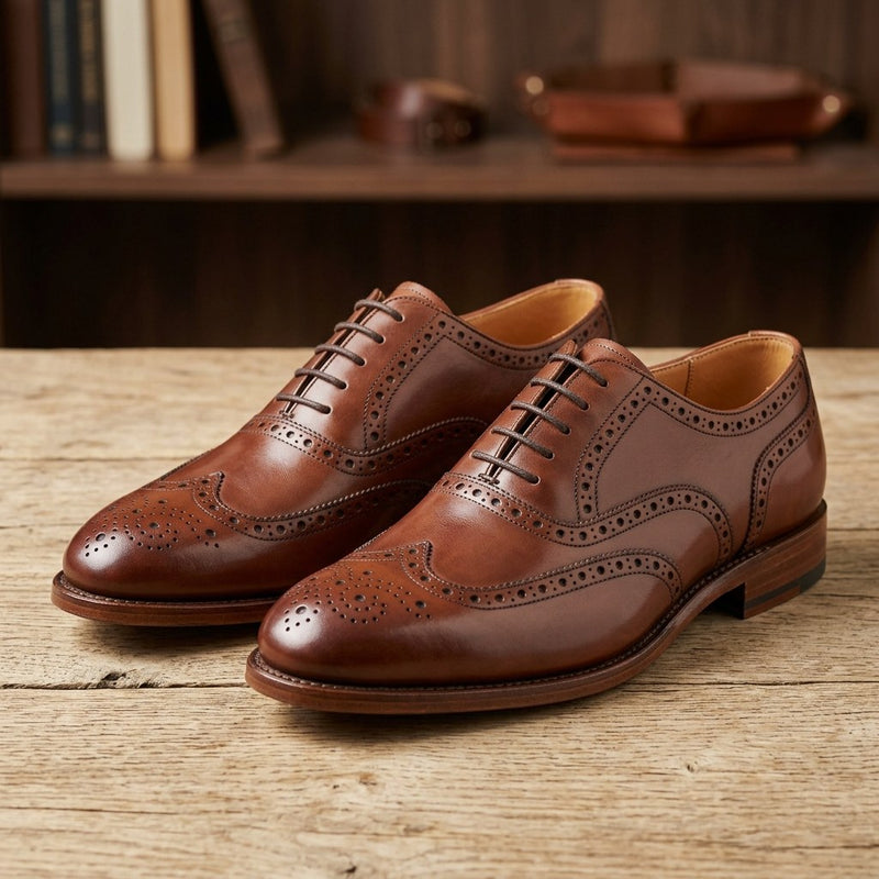 Luxury Edition - Artisian Made Tan Italian Leather Termoli Wingtip Brogue Oxford Shoes