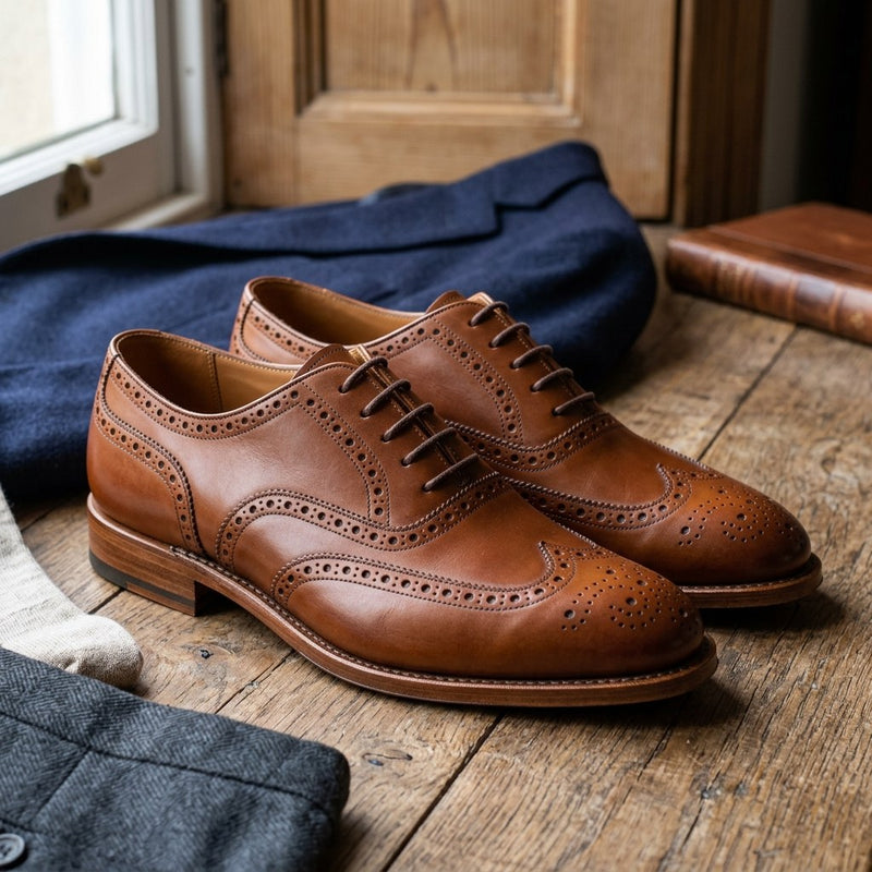 Luxury Edition - Artisian Made Tan Italian Leather Tolentino Wingtip Brogue Oxford Shoes