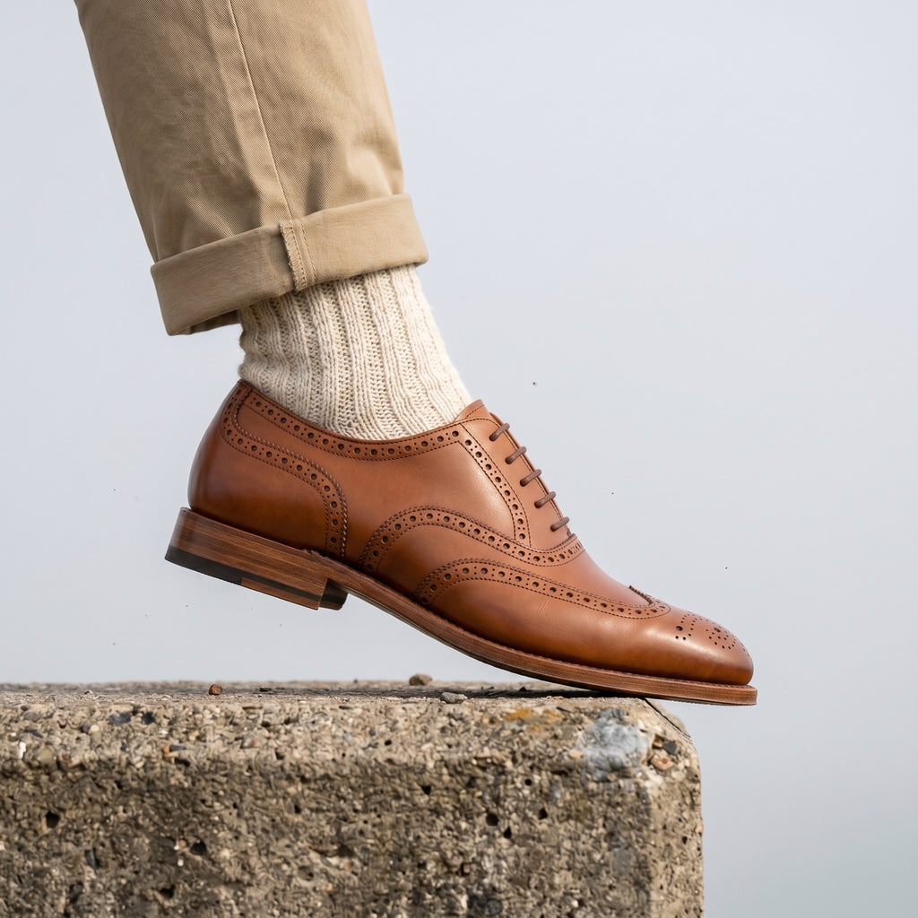 Luxury Edition - Artisian Made Tan Italian Leather Tolentino Wingtip Brogue Oxford Shoes