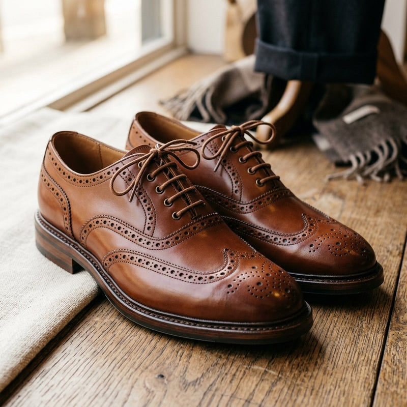 Luxury Edition - Artisian Made Tan Italian Leather Udine Wingtip Brogue Oxford Shoes