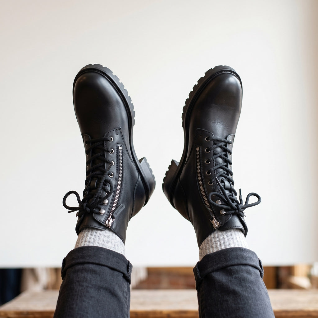 Luxury Edition - Artisian Made Black Italian Leather Vigevano Lace Up Zipper Boots