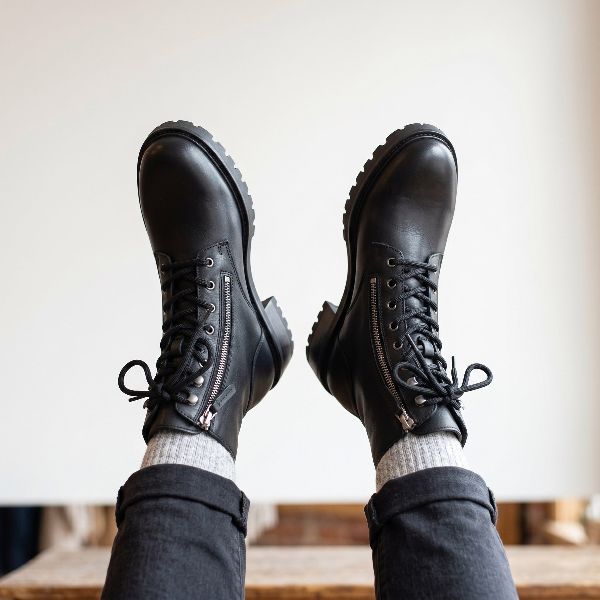 Luxury Edition - Artisian Made Black Italian Leather Vigevano Lace Up Zipper Boots