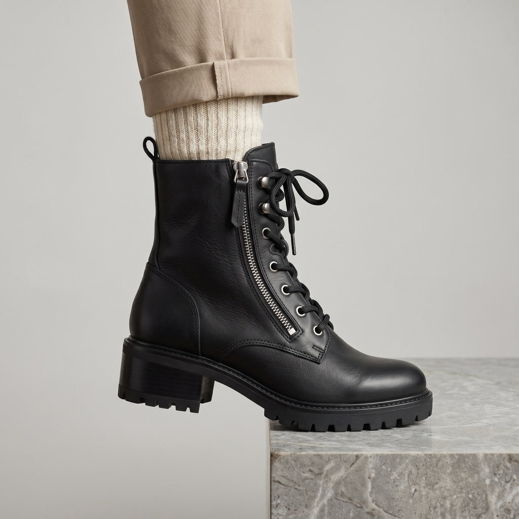 Luxury Edition - Artisian Made Black Italian Leather Vigevano Lace Up Zipper Boots