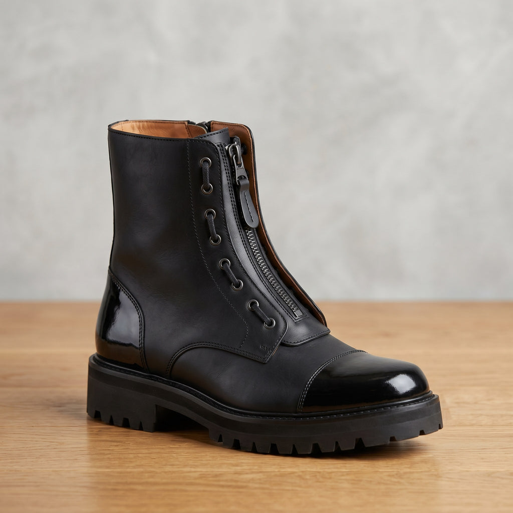 Luxury Edition - Artisian Made Black Italian Leather Volterra Lace Up Zipper Boots