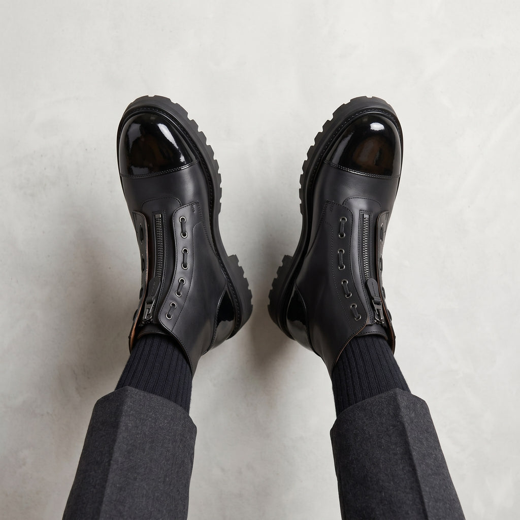 Luxury Edition - Artisian Made Black Italian Leather Volterra Lace Up Zipper Boots
