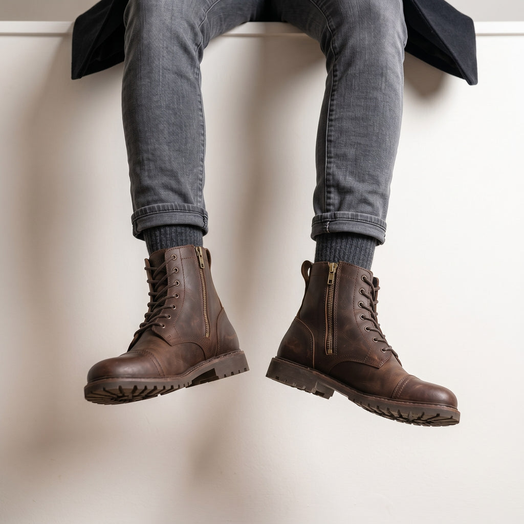 Luxury Edition - Artisian Made Brown Italian Leather Bergeggi Lace Up Zipper Boots