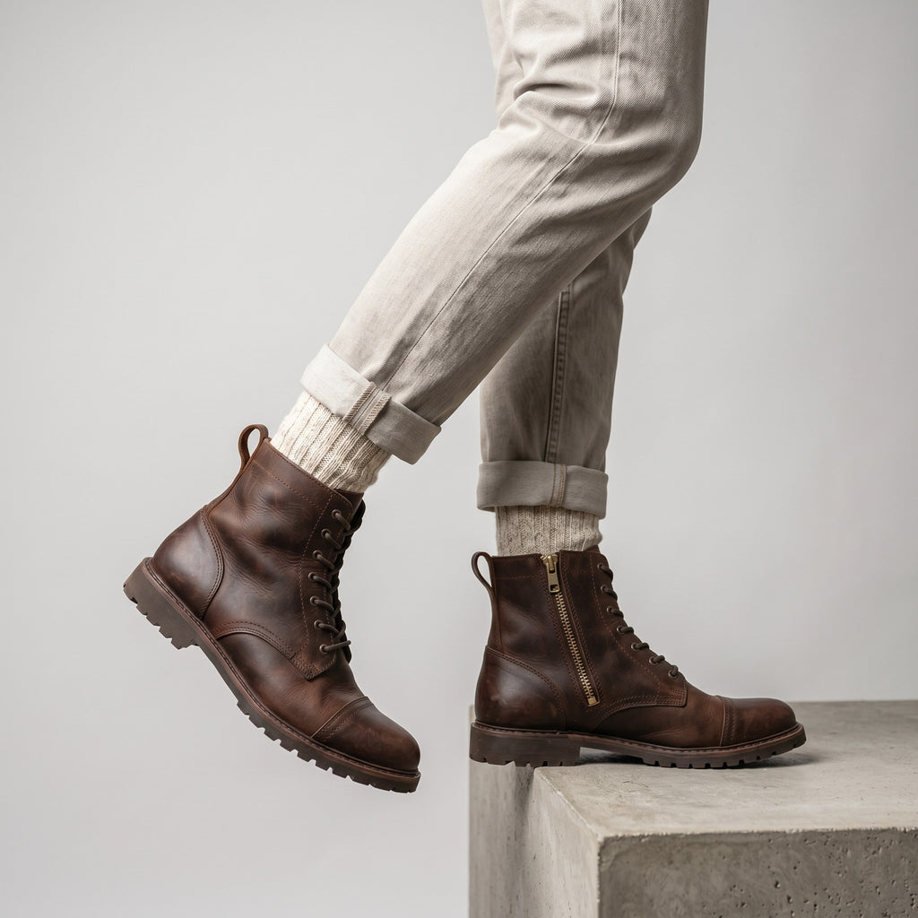Luxury Edition - Artisian Made Brown Italian Leather Bergeggi Lace Up Zipper Boots