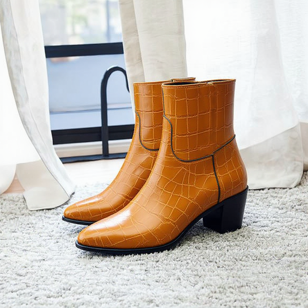 Tan Croc Print Leather Fiorina Slip On Zipper Pointed Boots for Men - AW24