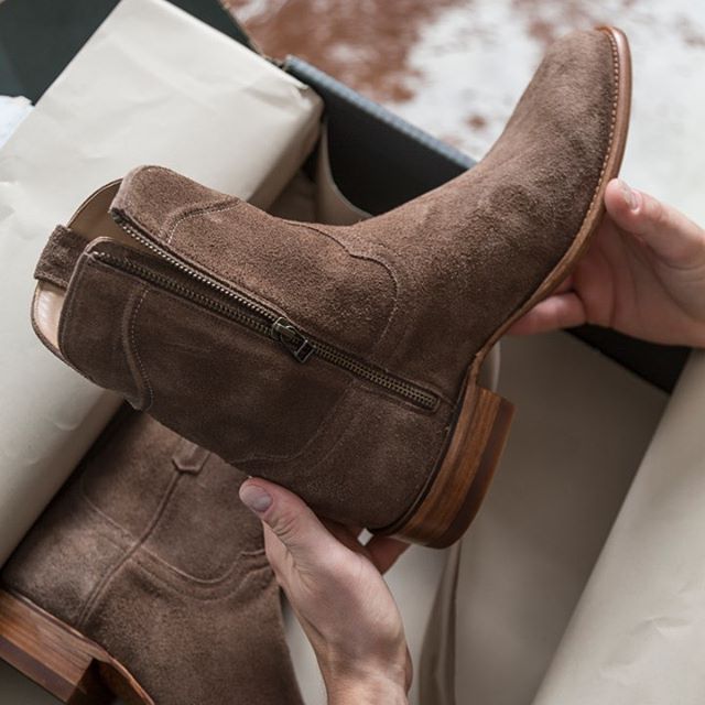 Beige Suede Bastrop Slip On Zipper Western Cowboy Boots - AW24 - ITALIAN AW26