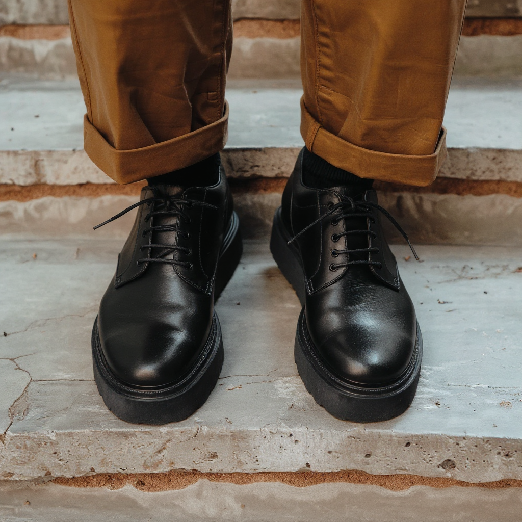 Black Leather Cangrande With Thick Sole Derby Shoe: The Royale Collection