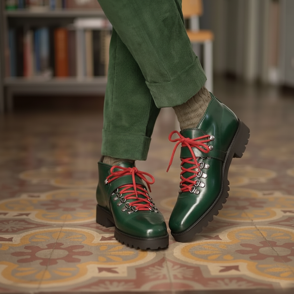 Green Leather Devine Chunky Hiking Combat  Lace Up Boots