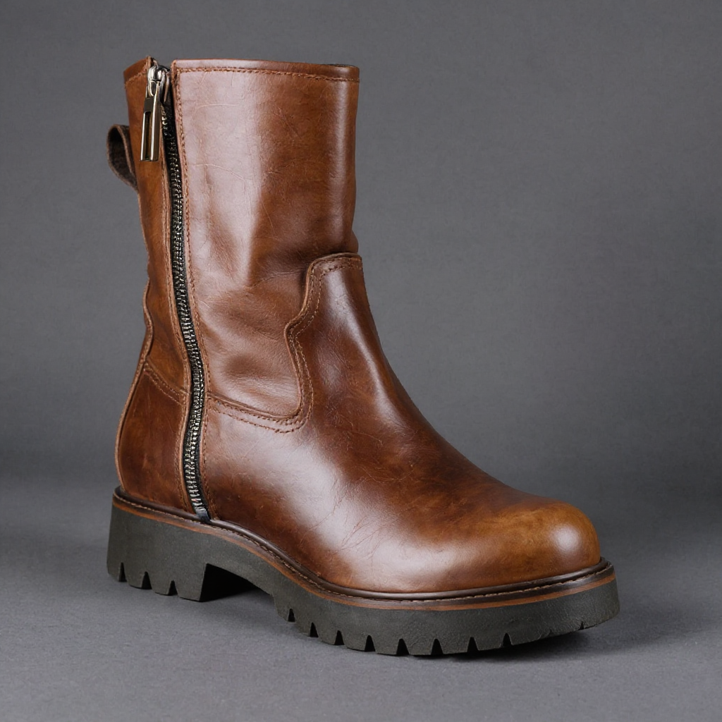 Brown Leather Massimiliano With Thick Sole Zipper Boots