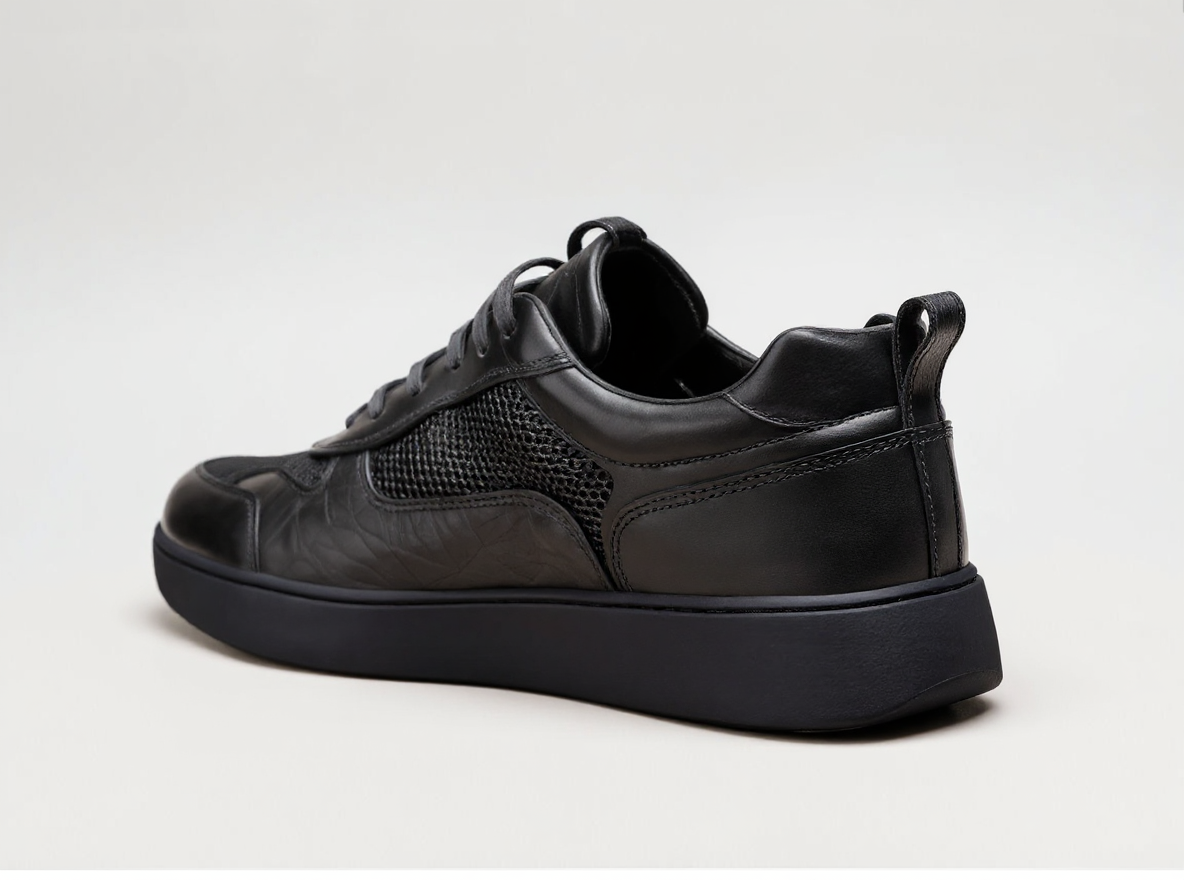 Black Leather Newsara Lace Up Running Sneaker Shoes With Black Sole - Summer 2024 Collection