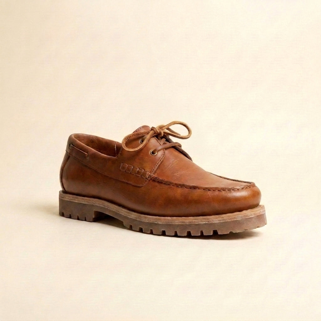 Brown Marcello boat shoe, front three-quarter view