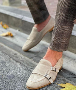 Beige Suede Leather Lato Monk Straps