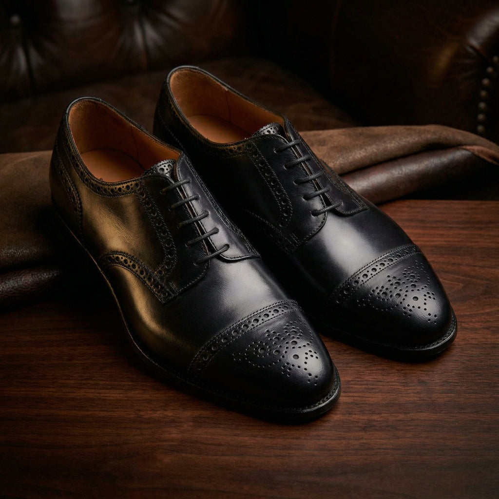 Black Leather Friars Brogue Derby Shoes