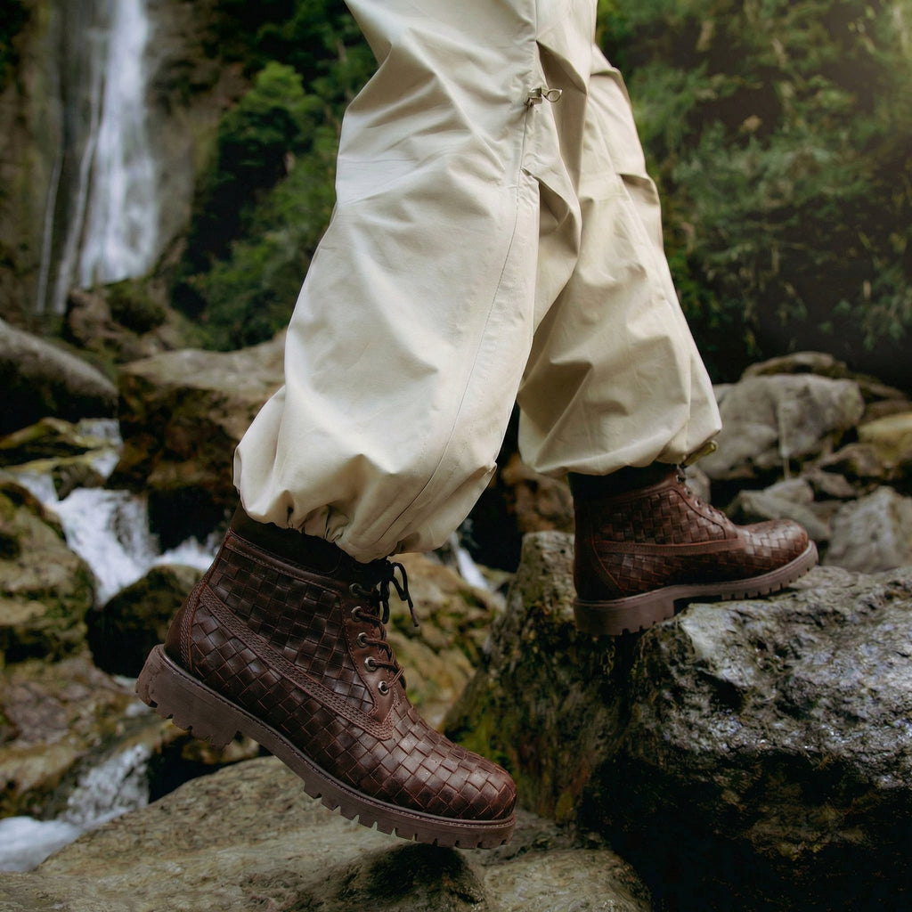 Brown braided Leather Selvaggio Ankle Lace Up Combat Hiking Boots with Chunky Track Sole