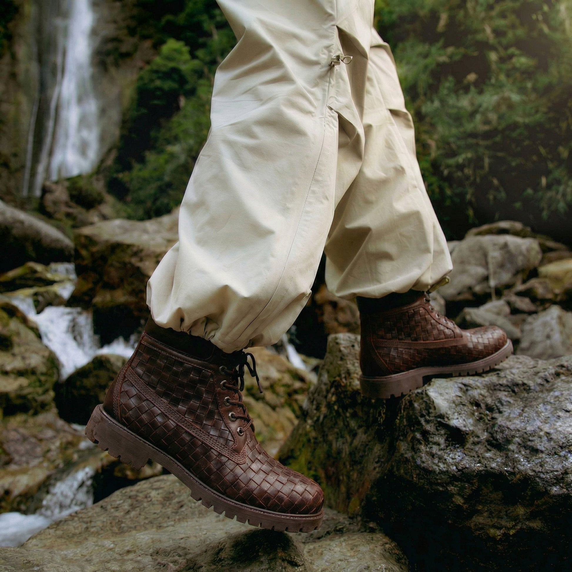 Brown braided Leather Selvaggio Ankle Lace Up Combat Hiking Boots with Chunky Track Sole