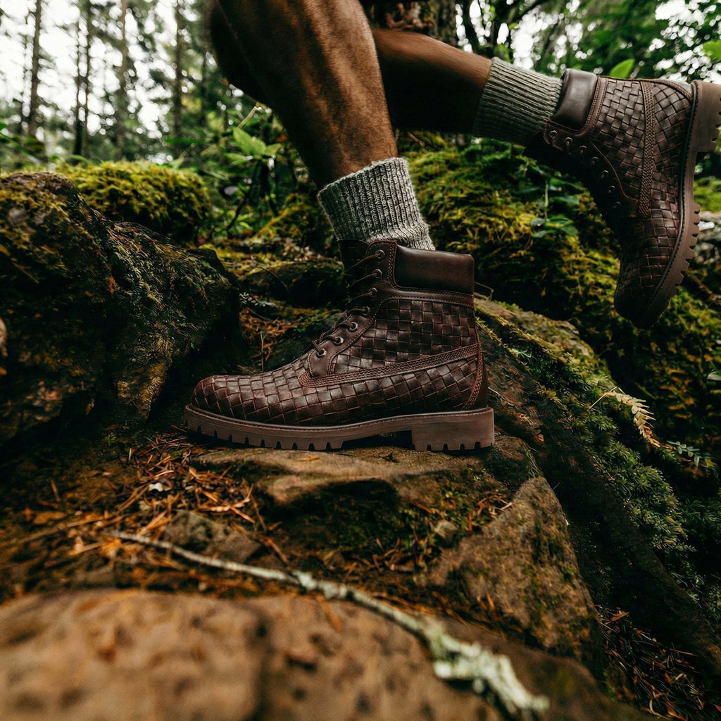 Brown braided Leather Selvaggio Ankle Lace Up Combat Hiking Boots with Chunky Track Sole