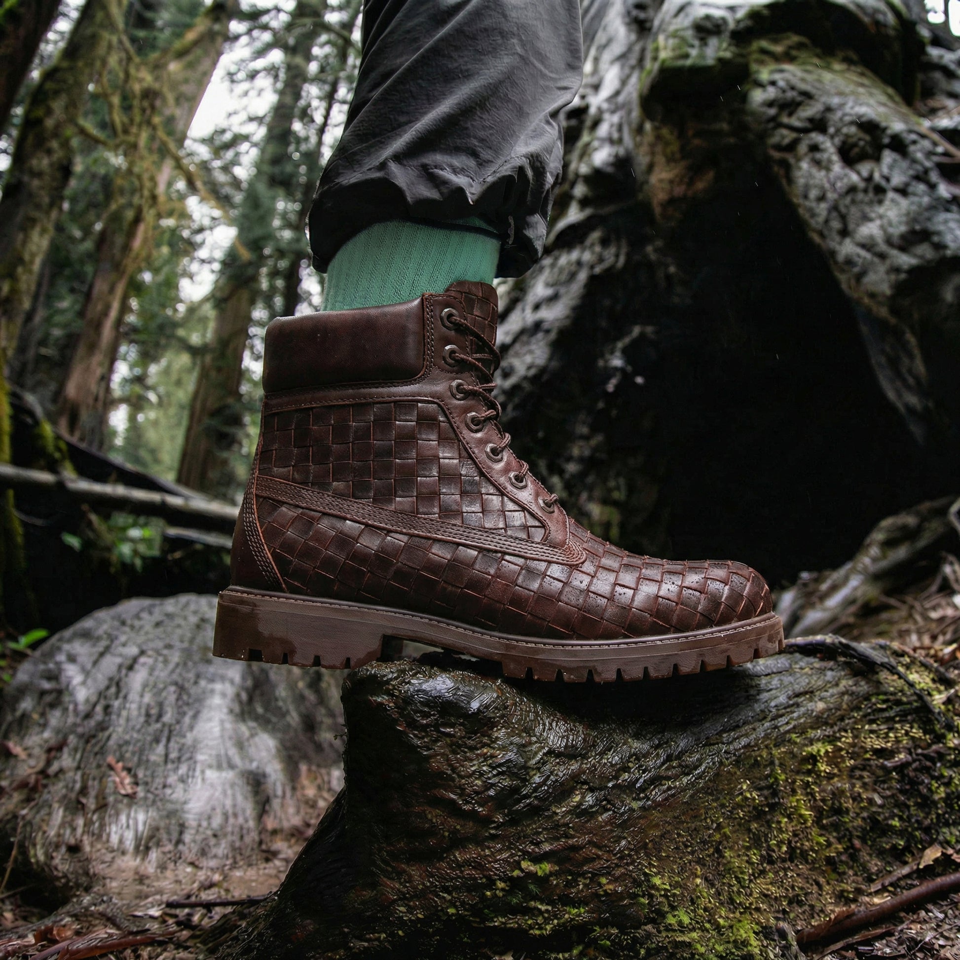 Brown braided Leather Selvaggio Ankle Lace Up Combat Hiking Boots with Chunky Track Sole