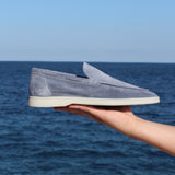 Blue Suede Athena Yatch Loafers with White Soles