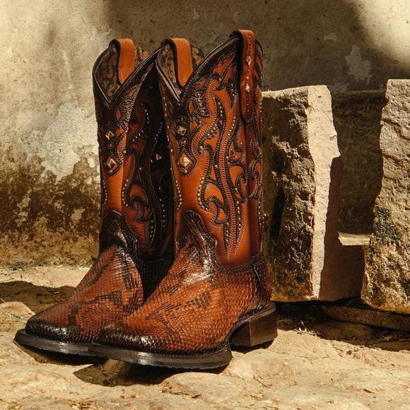 Height Increasing Tan Python Print Leather Fencourt Cowboy Boots - AW24