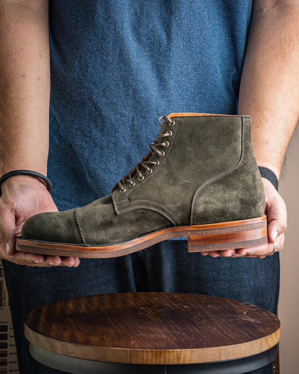 Green Suede Elysia Lace Up Toe Cap Boots - AW24