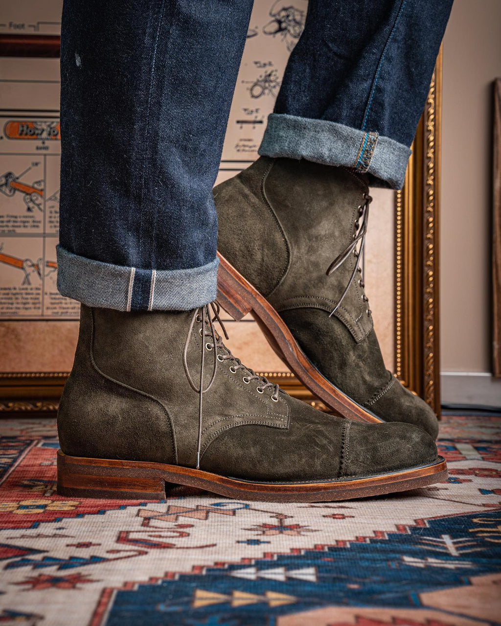 Green Suede Elysia Lace Up Toe Cap Boots - AW24