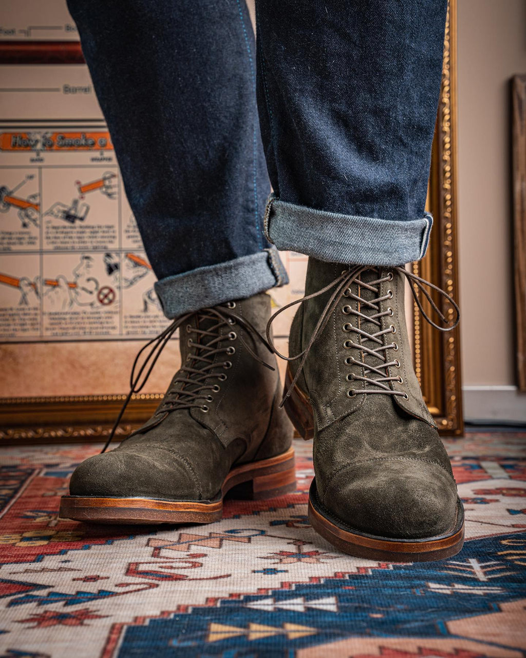 Green Suede Elysia Lace Up Toe Cap Boots - AW24