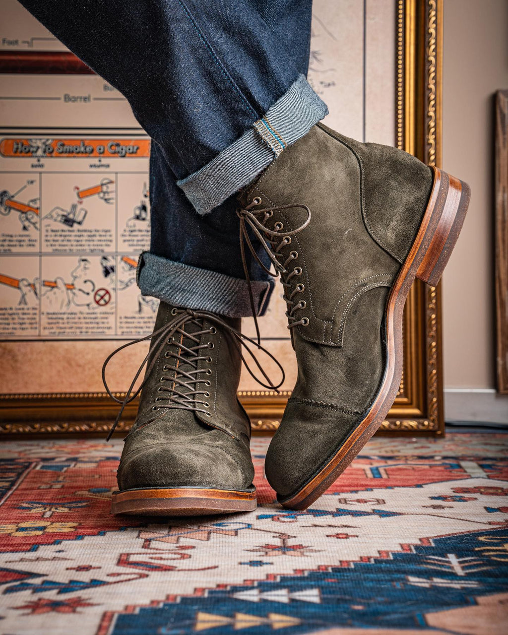 Green Suede Elysia Lace Up Toe Cap Boots - AW24