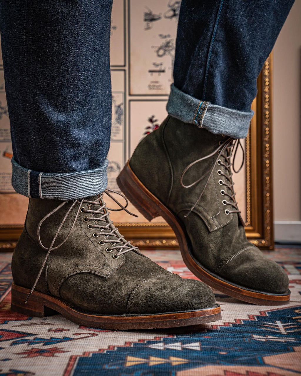 Green Suede Elysia Lace Up Toe Cap Boots - AW24