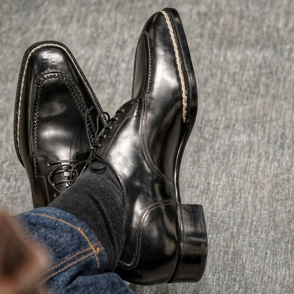 Norwegian Welted Black Leather Madeira Lace Up Derby Shoes 