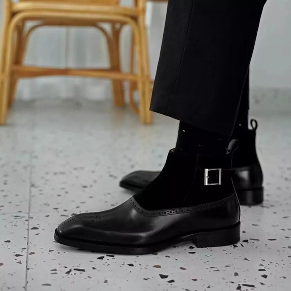 Black Leather and Suede Darius Slip On Boots - AW24