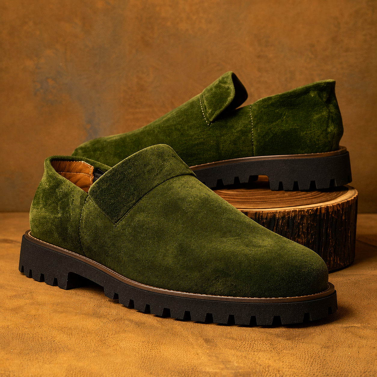 Green Suede Leather Royal Look Slip-On Loafers - Summer 2024 Collection