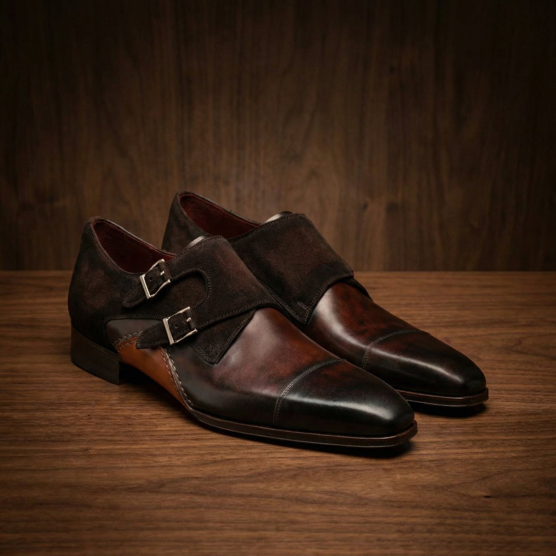 Height Increasing Brown Leather & Sude Bourke Monk Straps Shoes