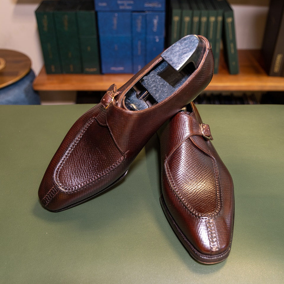 Brown Hatch Grain Textured Leather Juliana Split Toe Single Monk Straps