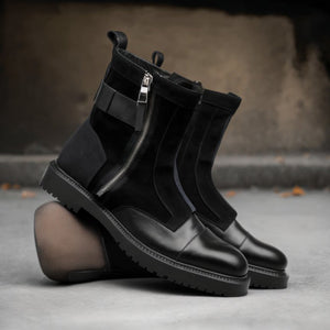 Black Suede and Leather Vivian Slip On Zipper Boots with Track Sole 