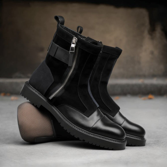 Black Suede and Leather Vivian Slip On Zipper Boots with Track Sole 