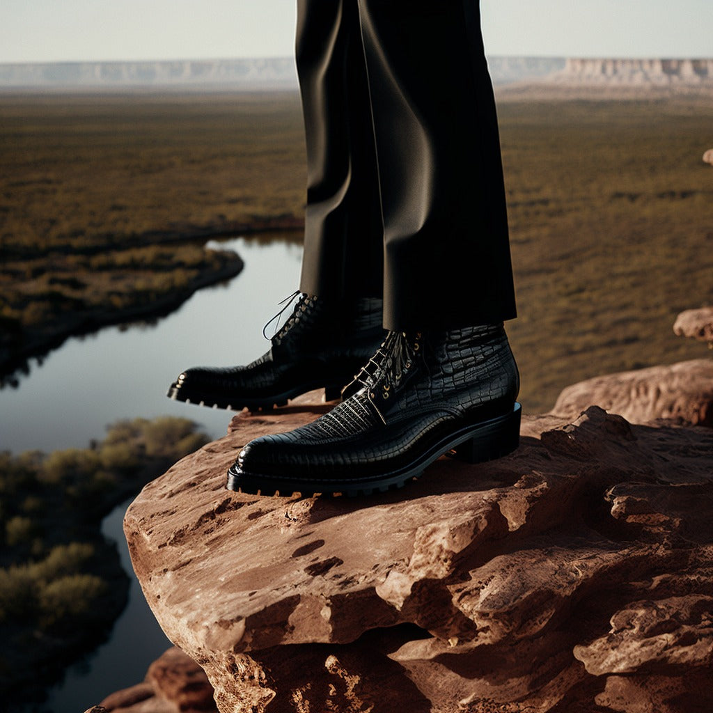 Black Crocodile Print Leather Sawyer Derby Boots
